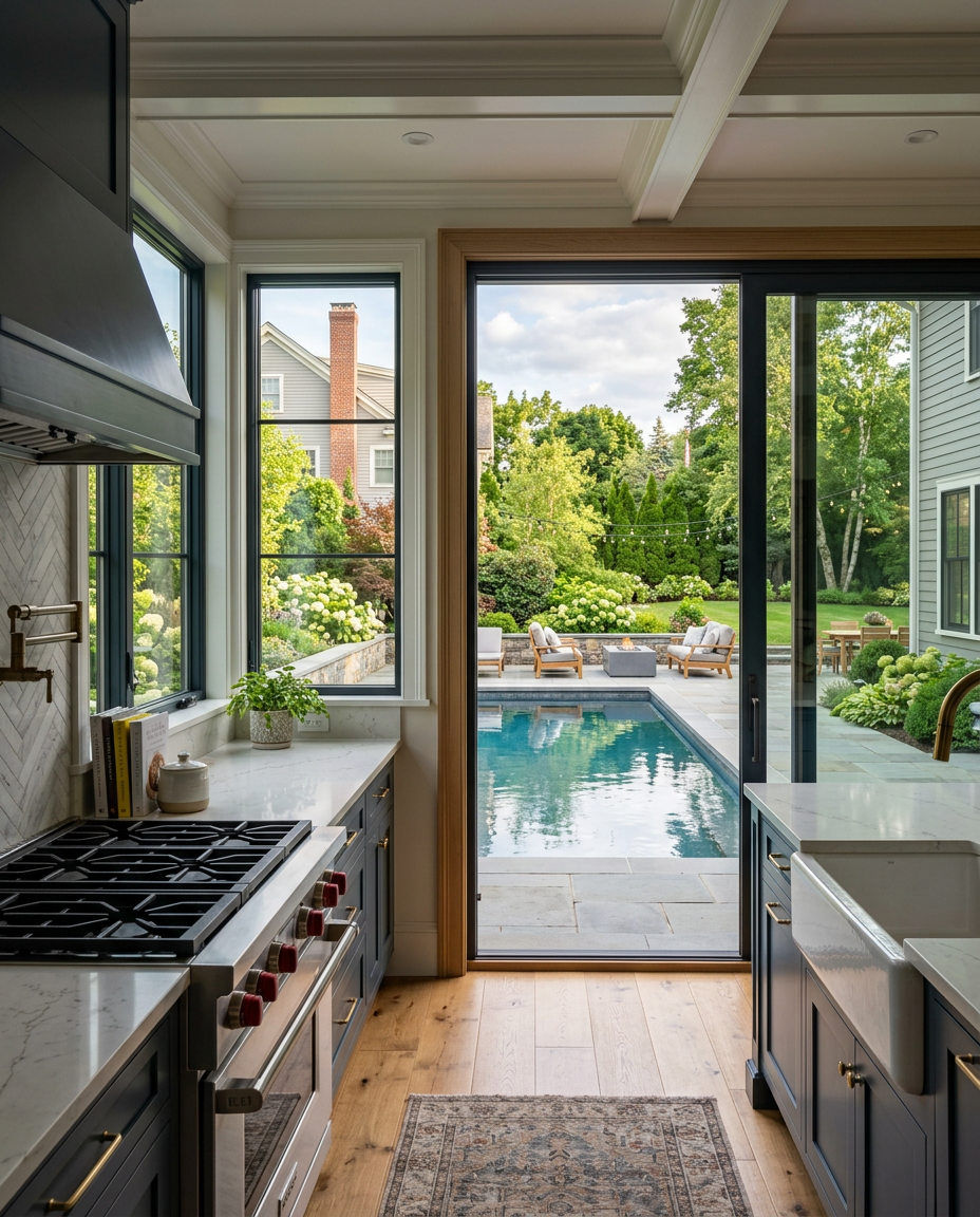 New kitchen windows and sliding glass door replacement in a Boston home, bringing natural light and backyard views