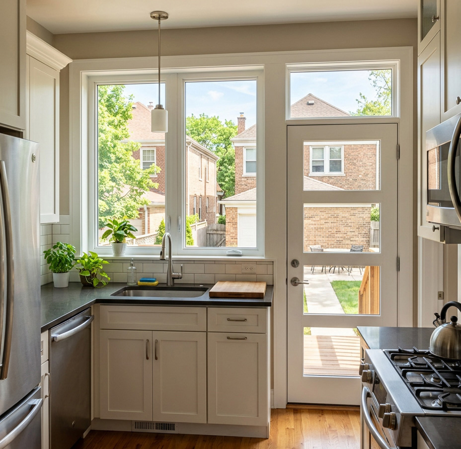 Chicago, IL kitchen featuring stylish windows and doors that bring natural light and modern design to the space.