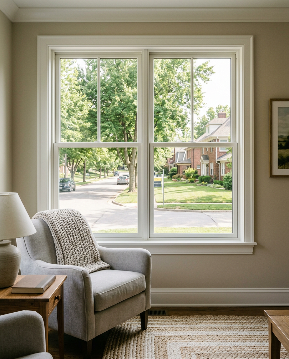 Double-hung replacement windows installed in a Boston living room