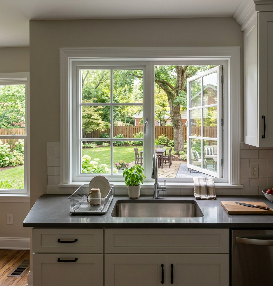 kitchen renovation featuring new replacement windows and doors