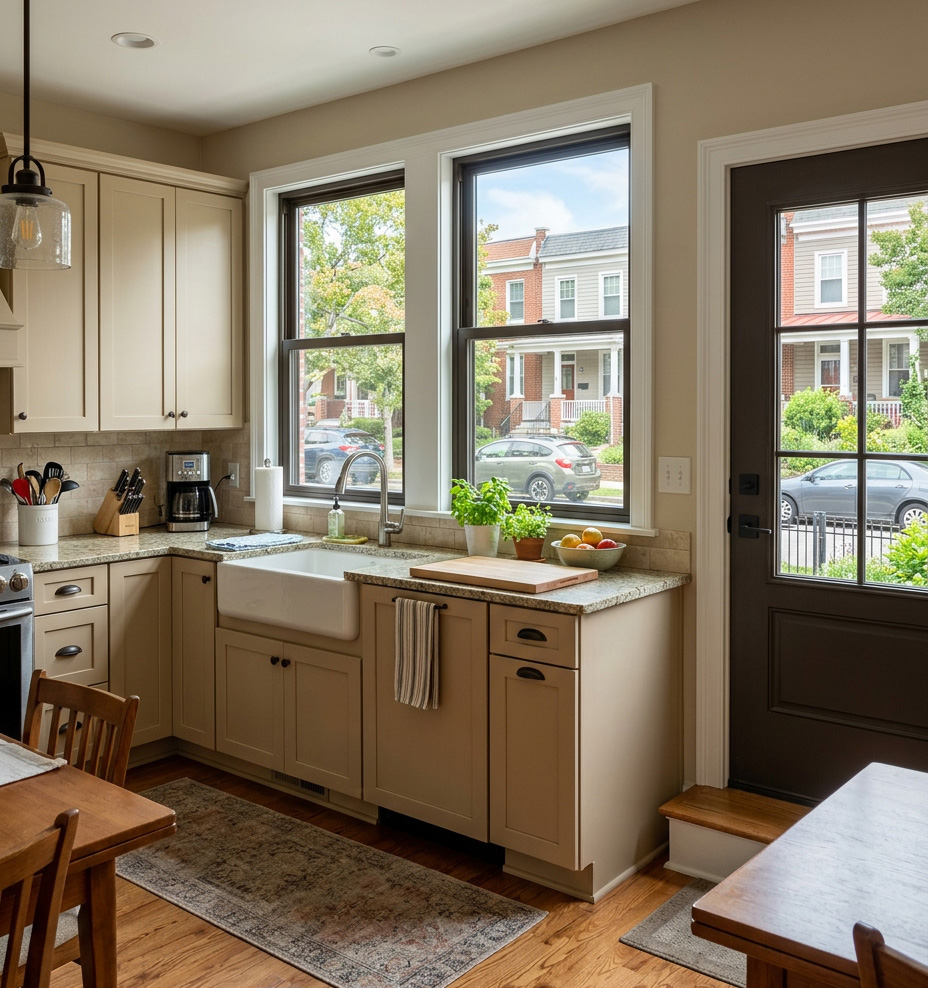 New replacement kitchen windows and doors in a Baltimore, Maryland home.