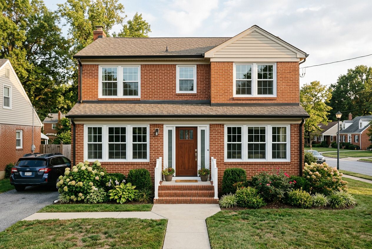 Residential home in Baltimore, Maryland featuring newly installed replacement windows and exterior doors.