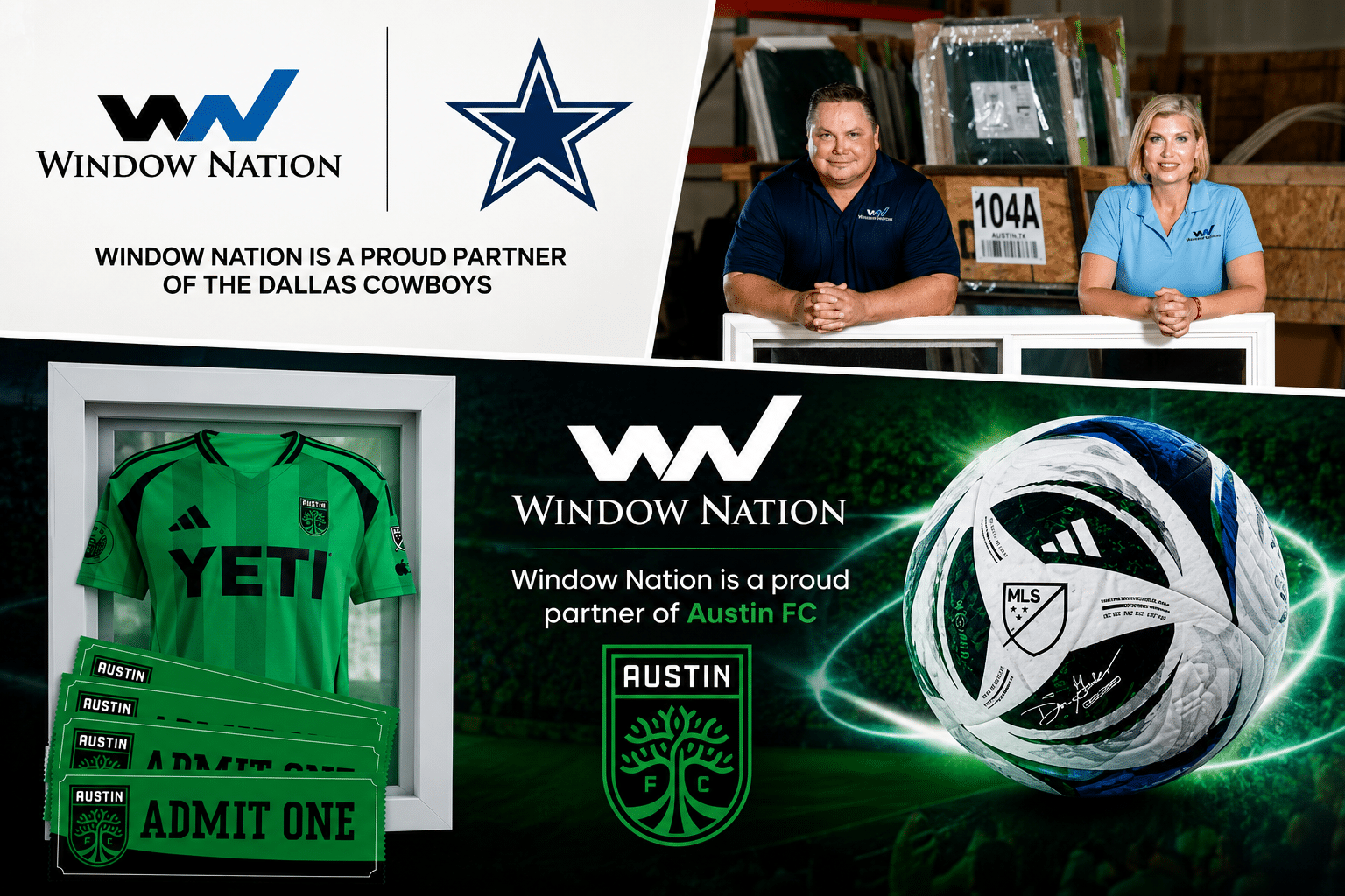 A compilation showing Window Nation's partnership with Austin FC, the Dallas Cowboys, and a photo of the Austin area branch managers.