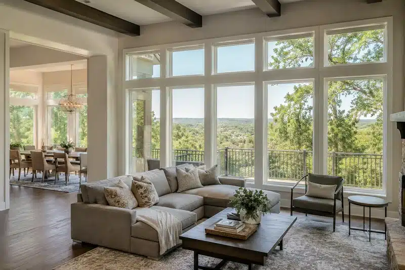 The interior of an upscale home living room looking out large replacement windows with a view of Austin's suburbs