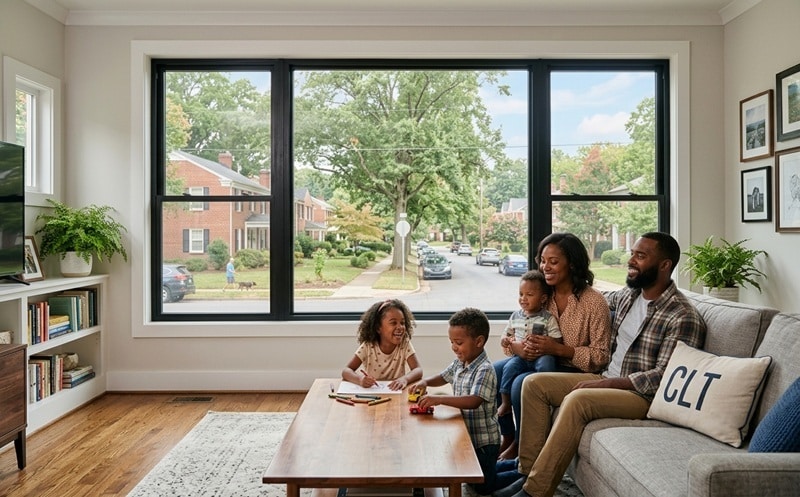 A family inside the living room of a Charlotte home enjoying their new replacement windows with a view of the neighborhood outside.