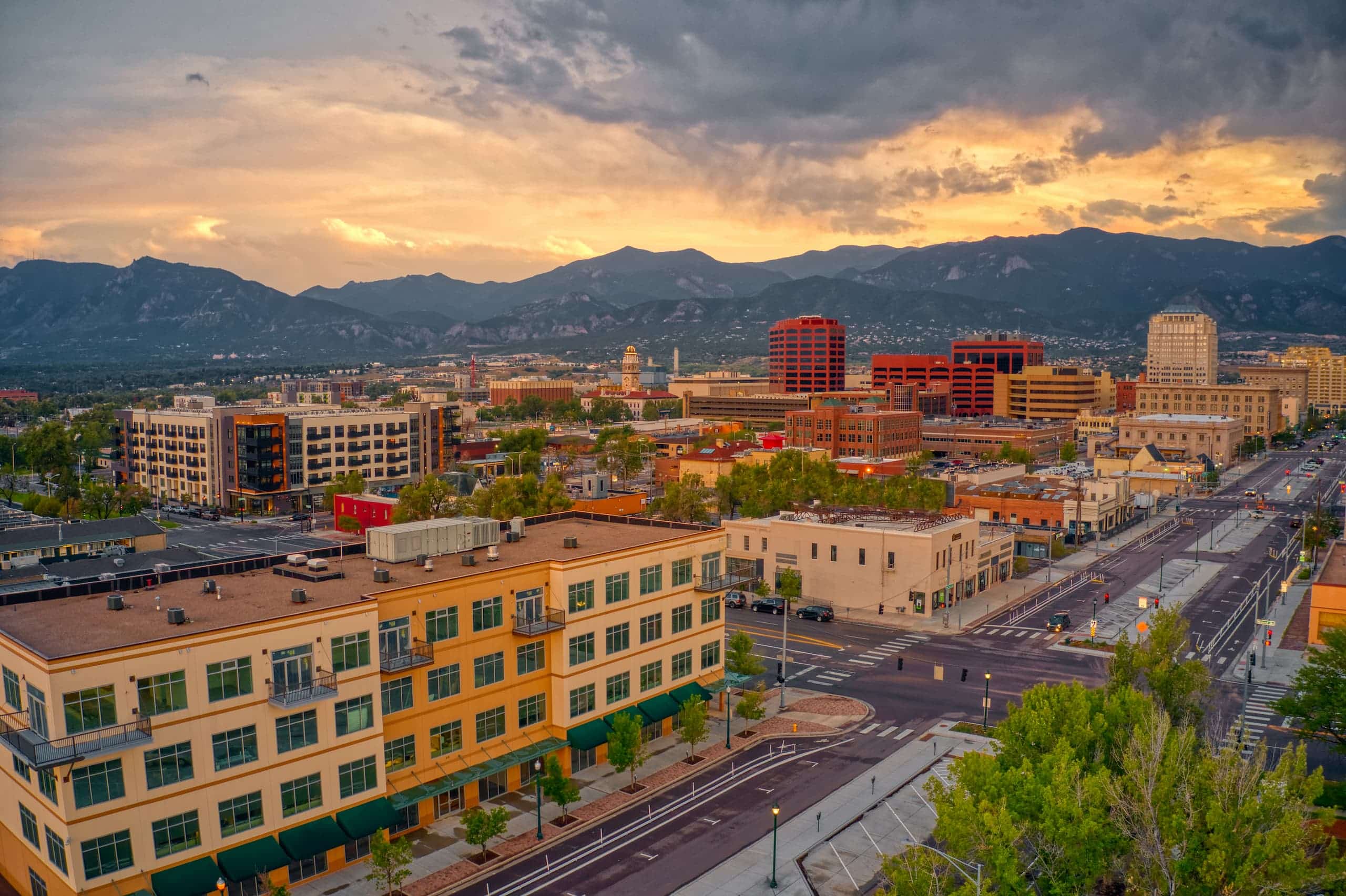 arial view of downtown Colorado Springs at sundown