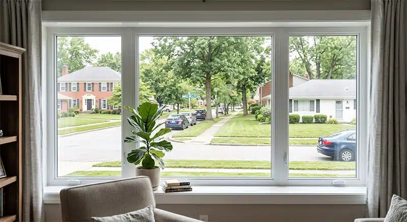 Looking out a picture window of a suburban Columbus home