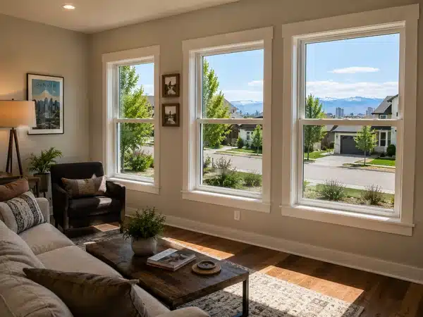 looking out replacement double-hung windows in a suburban Denver living room.