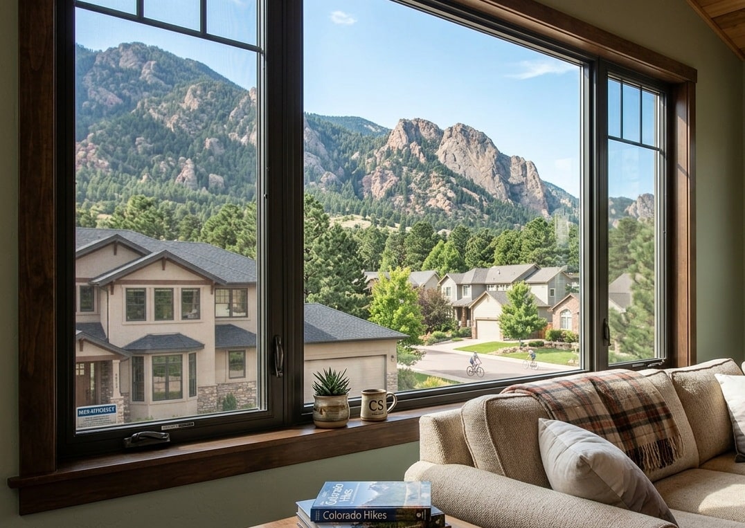 the interior of a colorado springs living room showing a view out a large picture window