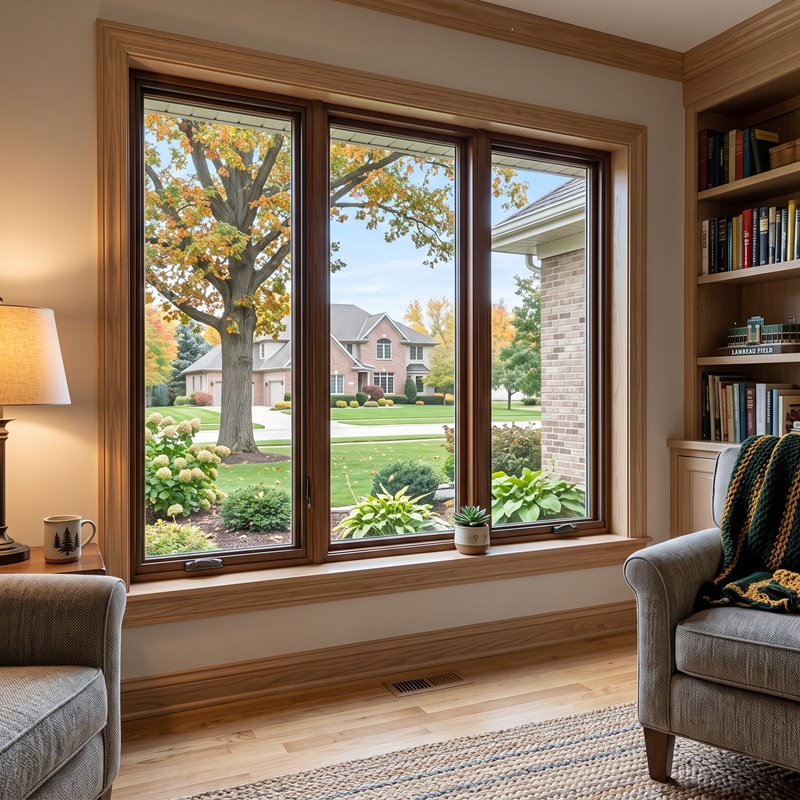 Looking outside of a brand new casement replacement window in a Green Bay home