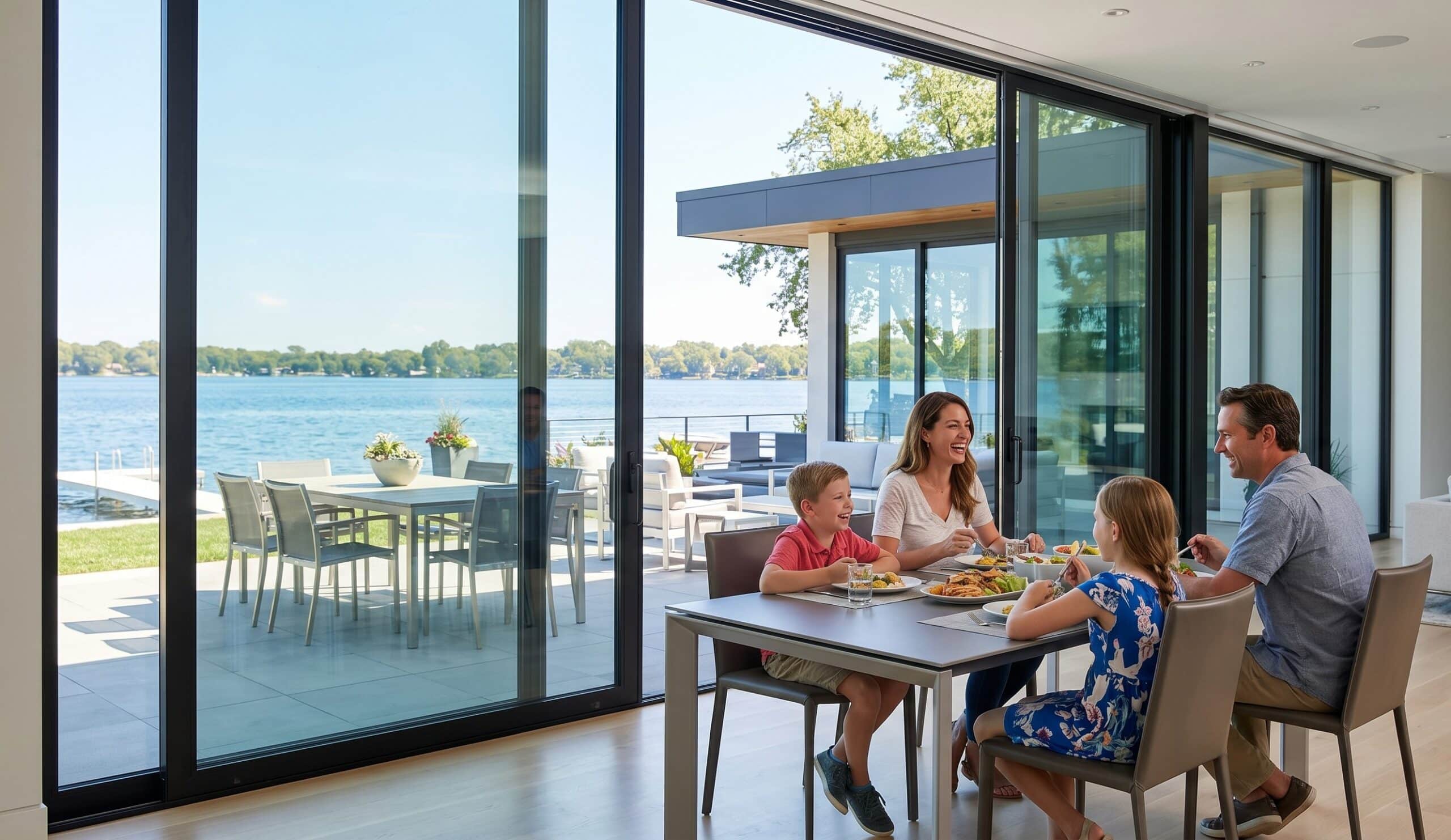 Minneapolis family with replacement windows overlooking a scenic lake