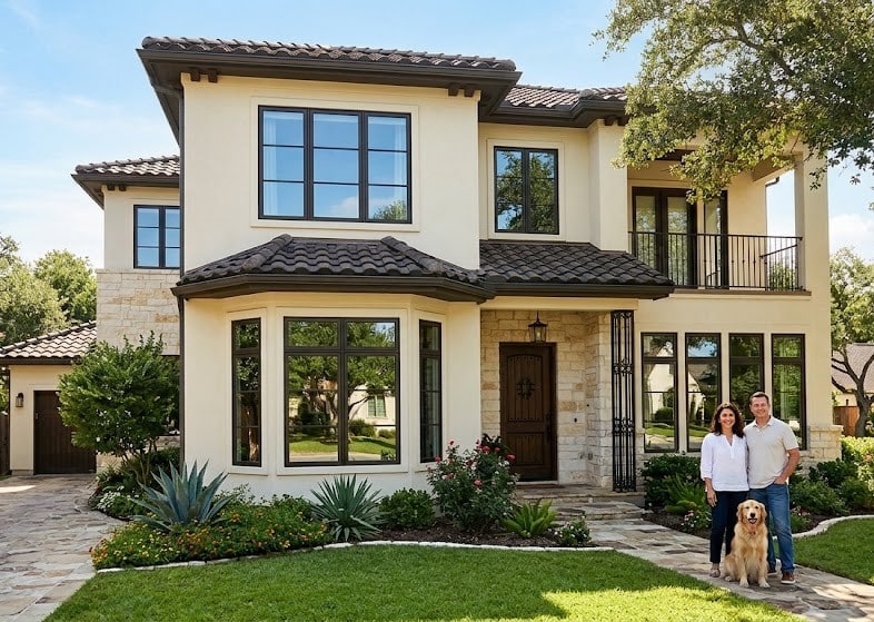 Window Replacement in San Antonio - House with new windows installed and a couple with their dog in the front yard.