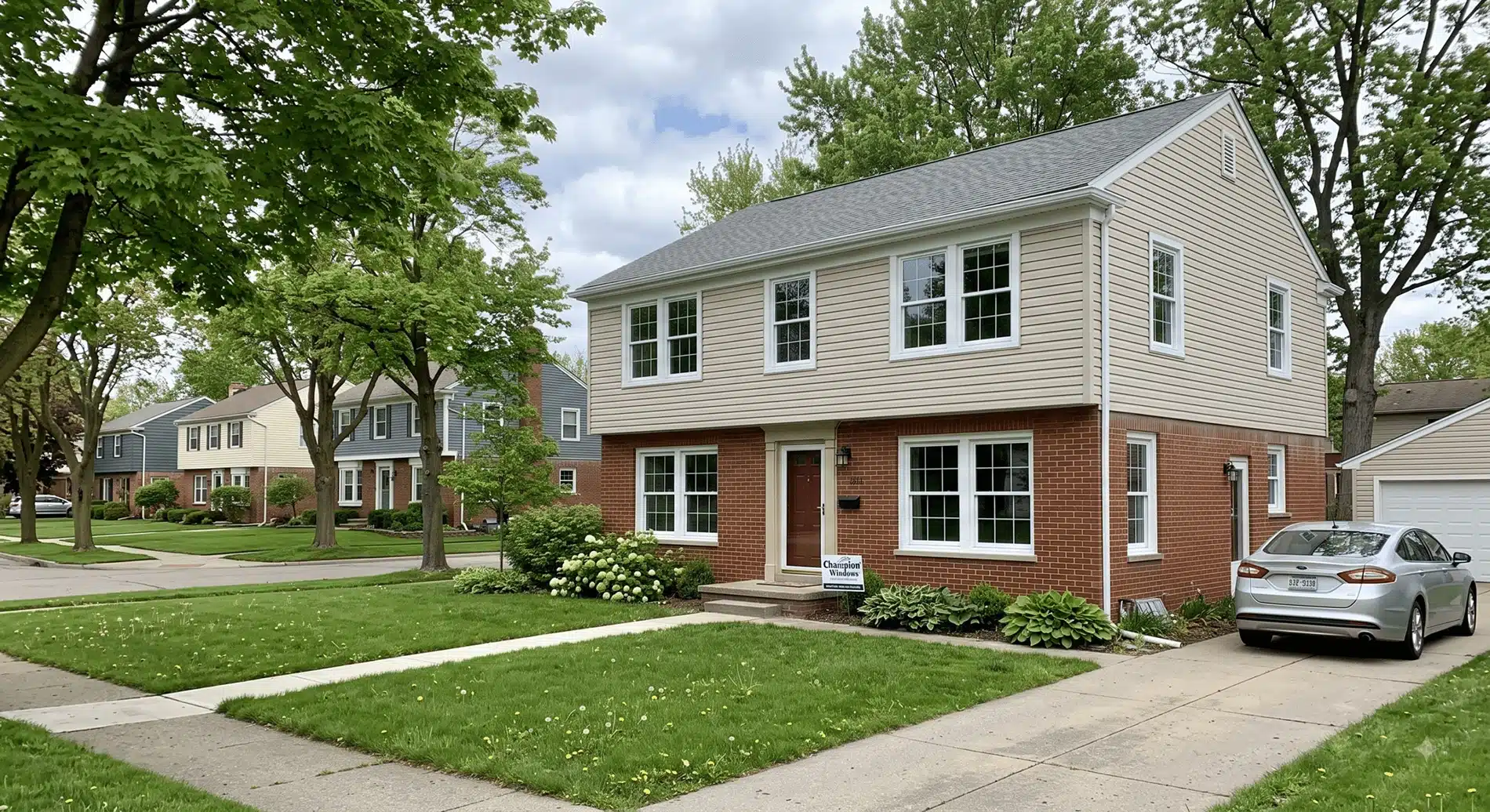 a suburban home in Detroit featuring replacement windows