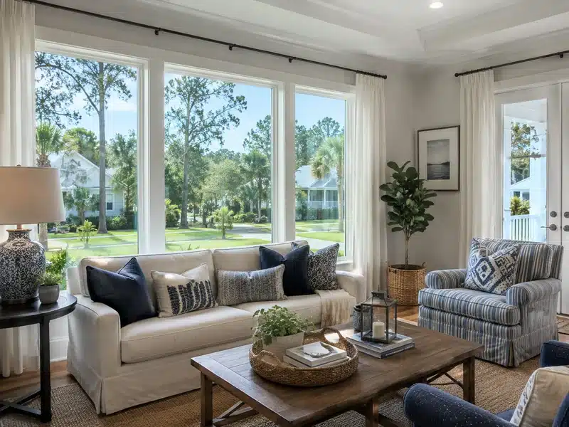 a view looking through the new replacement windows inside a Charleston home living room