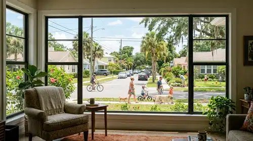 looking out a picture window iin a Charleston home