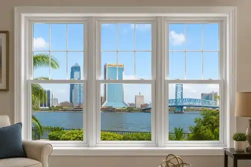 A view out double-hung windows in a Jacksonville home