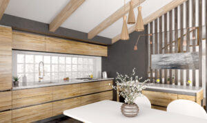 Custom glass block windows in a kitchen of a house