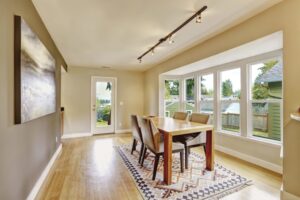 replacement windows in a minimalist dining room