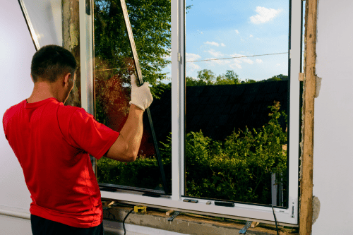 man in red shirt replacing a window