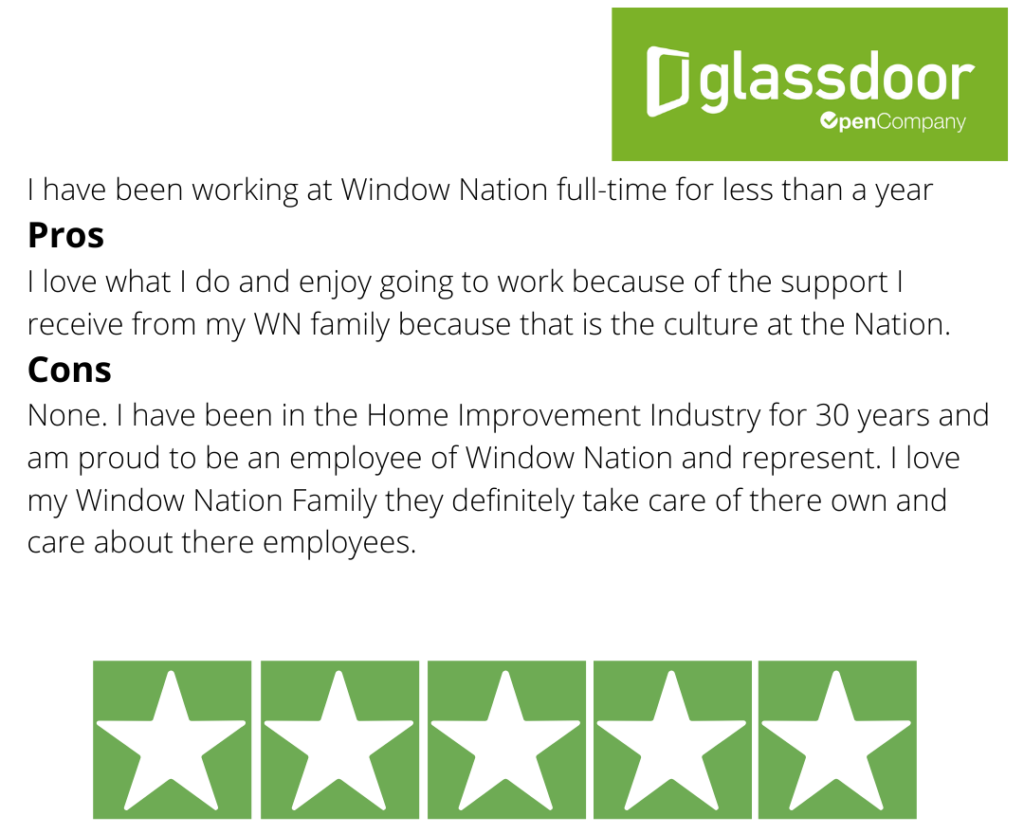 Glassdoor employee review image with glassdoor logo, text and five stars