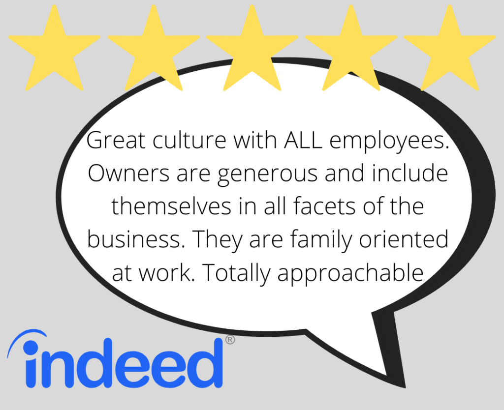 Indeed employee testimonial graphic with indeed logo, five stars a speech bubble and text