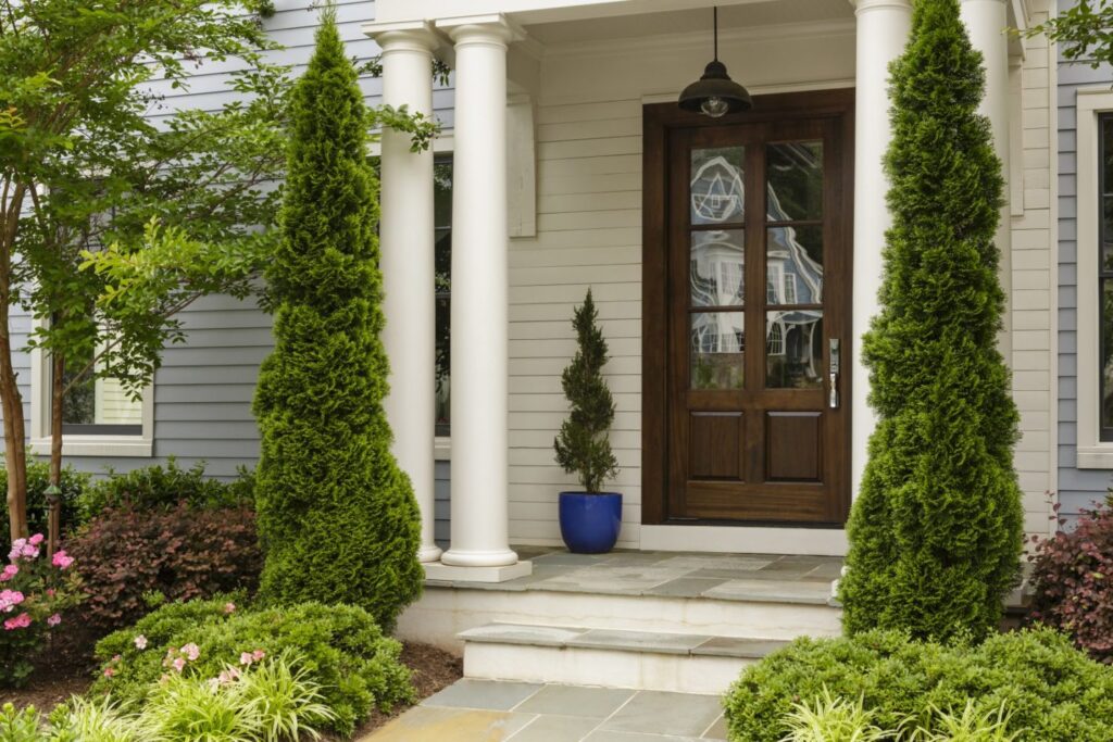 Side view of dark wood front door