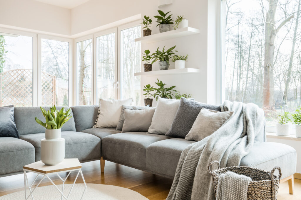 Grey corner couch with pillows and blankets in white living room interior with vinyl replacement windows and glass patio doors and fresh tulips on end table