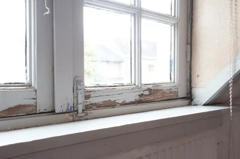 Old wooden window frames with rotting wood and cracked peeling paint