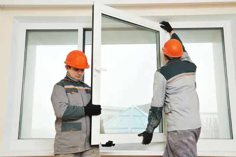 Two male window installers install a window in a house