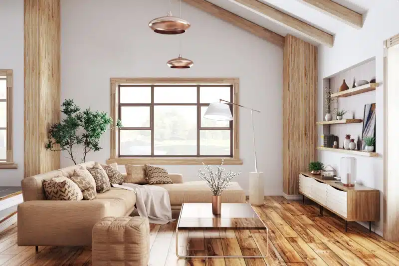 3d rendering of the interior of a natural living room in a home with a large window