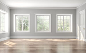 3D rendering of three windows in a living room with gray walls