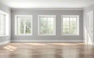 3D rendering of three windows in a living room with gray walls