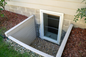 View of a window well for a basement window of a home